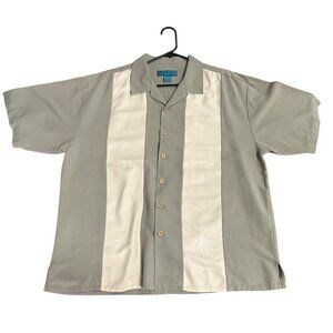 Paradise Blue Men's XL 100% Silk Hawaiian Shirt Palm Trees Olive & Ivory